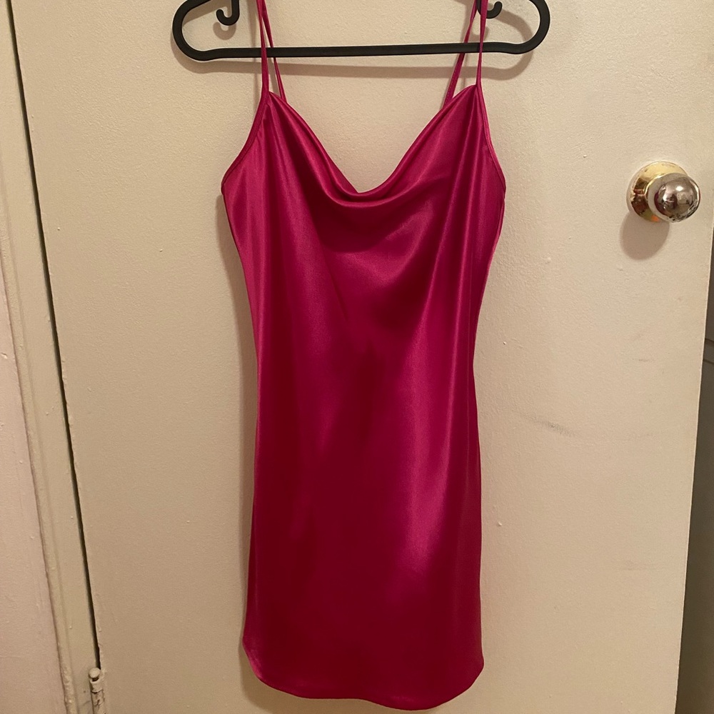pink satin mini dress bebe fuchsia magenta satin slip dress